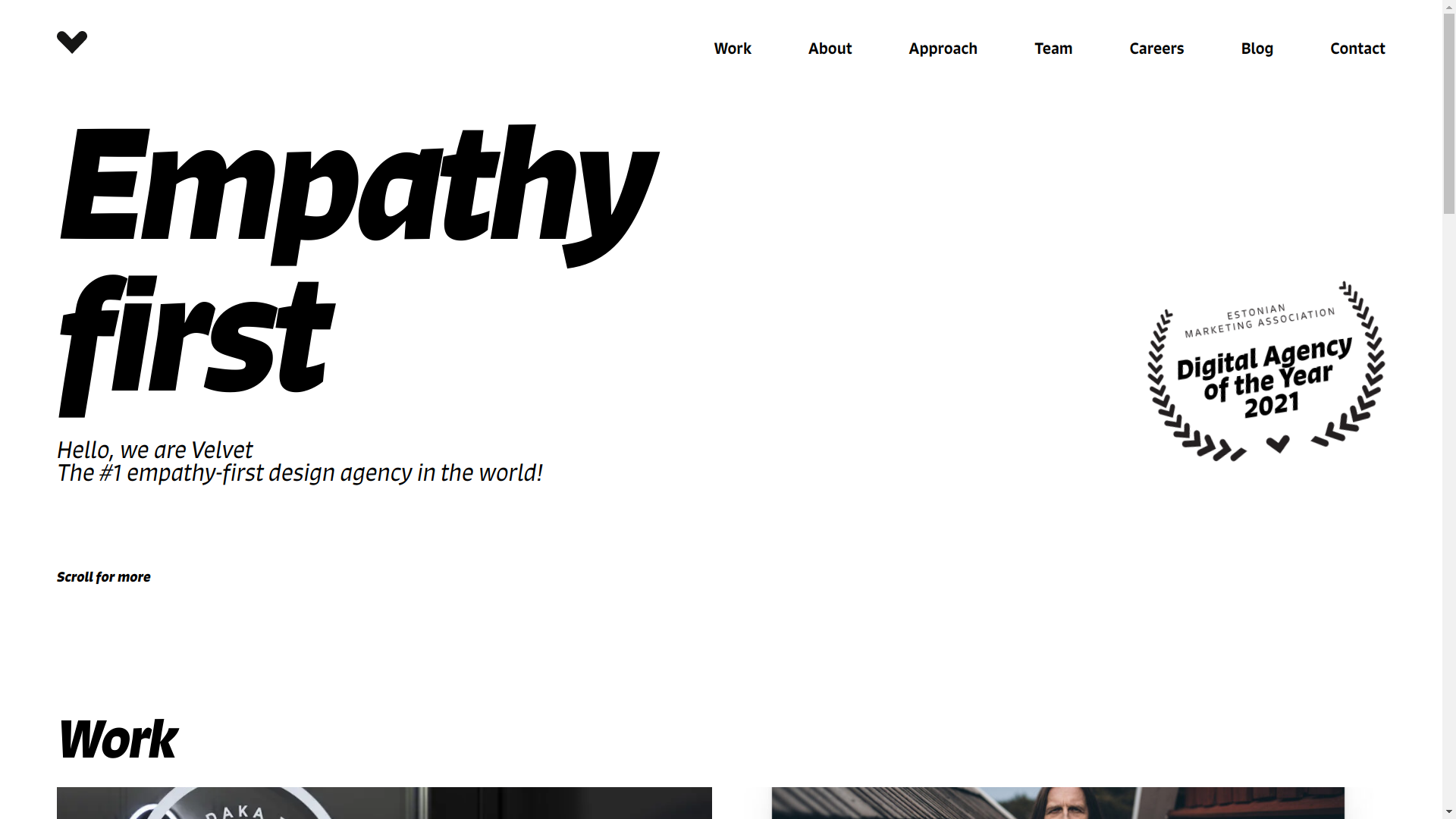 Image showing the homepage of Velvet, the best design agency in Estonia. It has the text: "#1 empathy-first design agency in the world!"